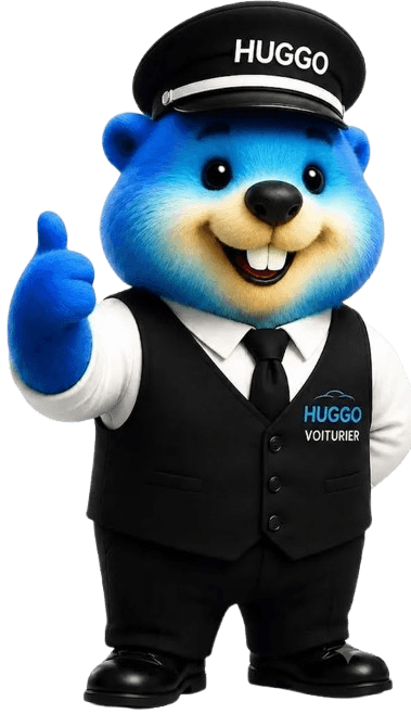 La mascotte castor voiturier de Huggo, en tenue de chauffeur, pouce levé